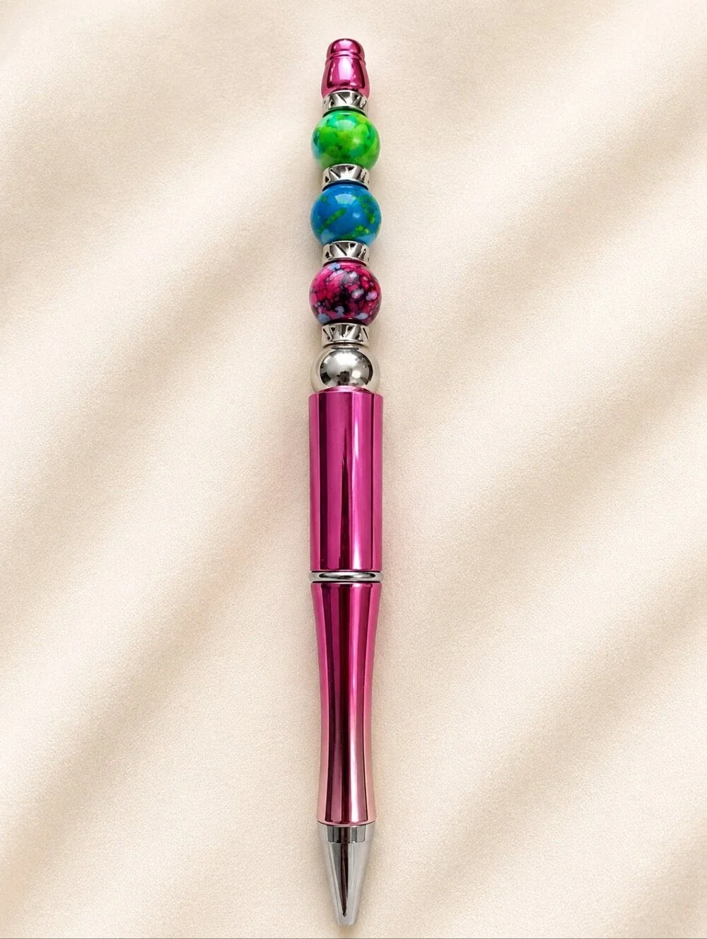 Handcrafted Pink Beaded Click Pen with Multicolor Accent Beads
